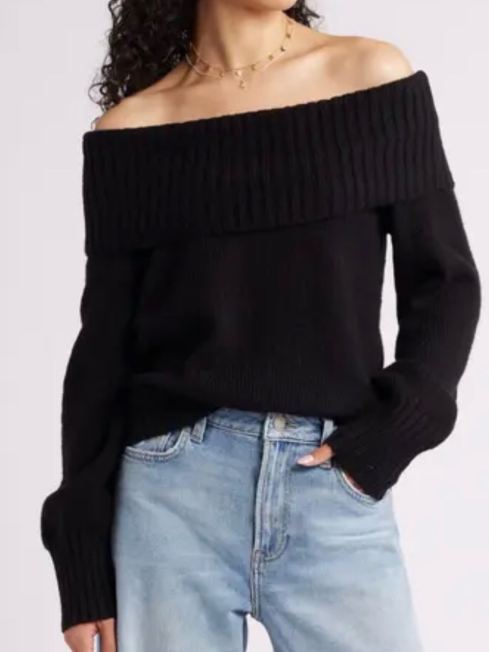 Off-Shoulder Ribbed Knit Sweater - Black